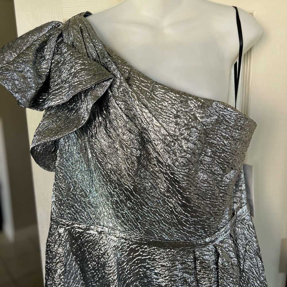 NWT Elegant Silver One-Shoulder Bow Midi Dress 67906 Sz 16 - Picture 6 of 15